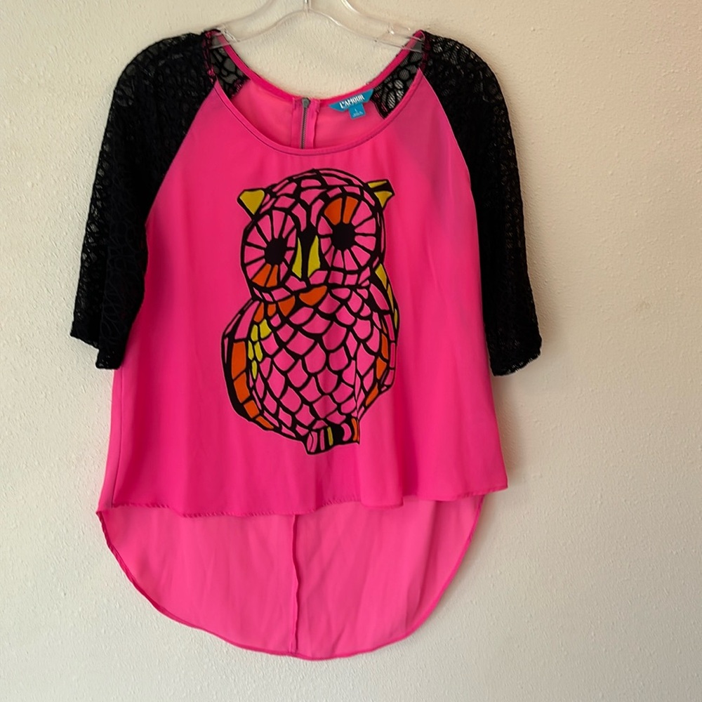 Lamour L Nanette Lepore OWL hot pink yellow net 3/4 sleeves scoop neck neon